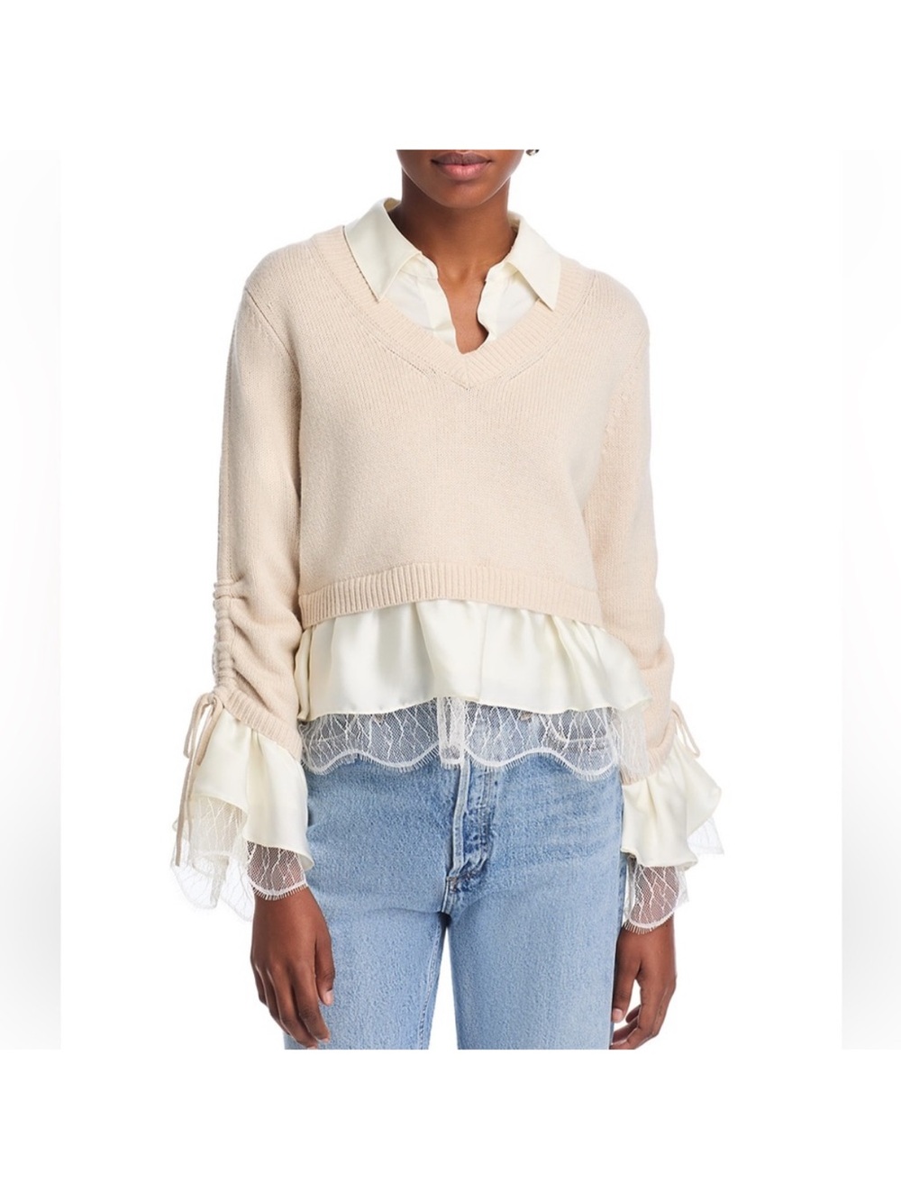 Cinq a Sept Milla Sweater with Lace Hem and Sleeves